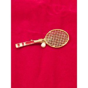 Gerrys Tennis Raquet Pin Brooch Goldtone Red Enamel Vintage Signed